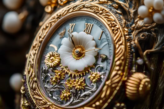 Luxury golden pocket watch showing floral decoration and roman numerals photo