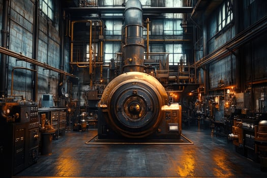 Huge steampunk machine dominating industrial factory interior photo