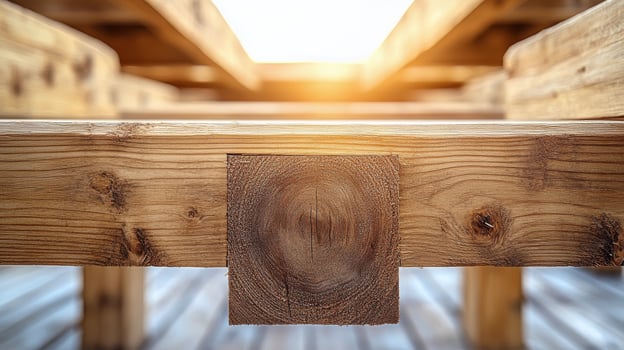 A wooden bench with a wooden beam in the middle photo