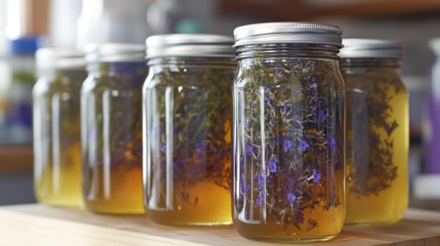 Honey with Lavender Flowers in Glass Jars photo