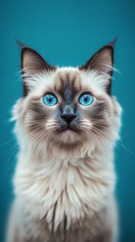 Beautiful Siamese cat with striking blue eyes on a vibrant turquoise background photo