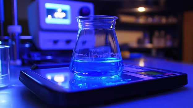 Erlenmeyer flask containing blue liquid sitting on electronic scale in laboratory setting photo