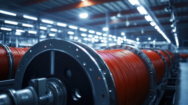 Industrial spools of red cable in manufacturing facility photo