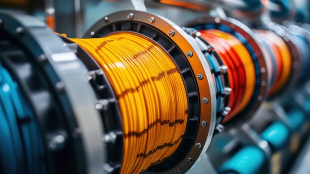 Close up of colorful industrial cables in machinery photo
