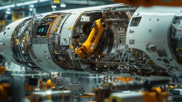 Advanced robotics assembling high tech machinery in factory photo