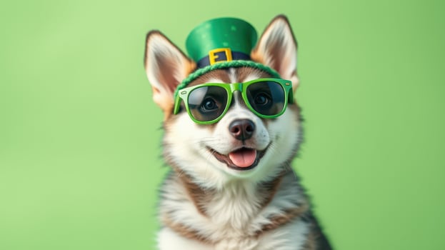 Dog wearing green sunglasses and a leprechaun hat celebrates St. Patrick's Day against a bright backdrop photo