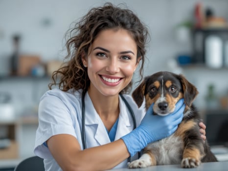 Female veterinarian with small dog in veterinary clinic photo