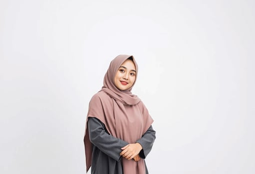 Young muslim woman wearing hijab standing in front of white background photo