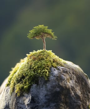 a small tree growing on top of moss covered rock, showcasing nature resilience and beauty photo