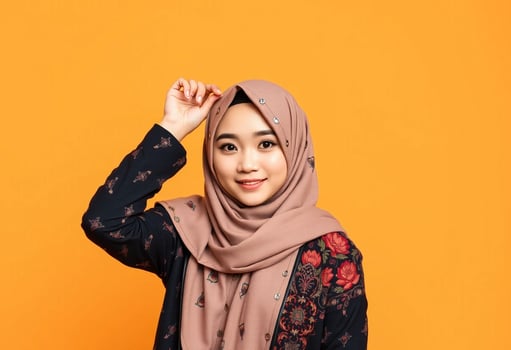 Portrait of a beautiful young muslim woman wearing hijab on orange background photo