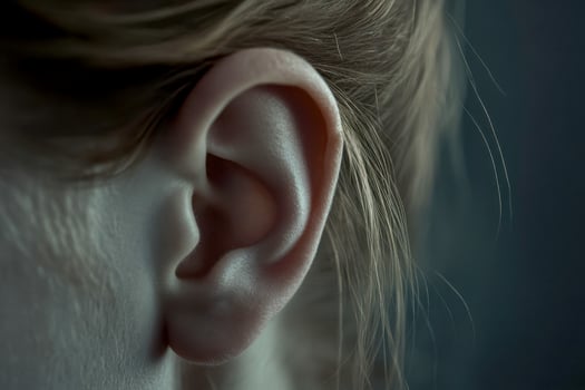 Cropped detail close up photo of the head. female human ear without accessory and hair. Skincare cosmetic treatment...