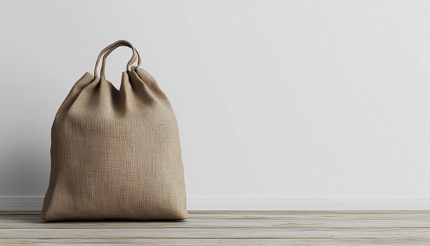 Sack brown from eco bag garden on wooden floor and white wall photo