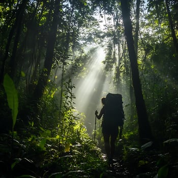 A person with a backpack walking through the woods photo