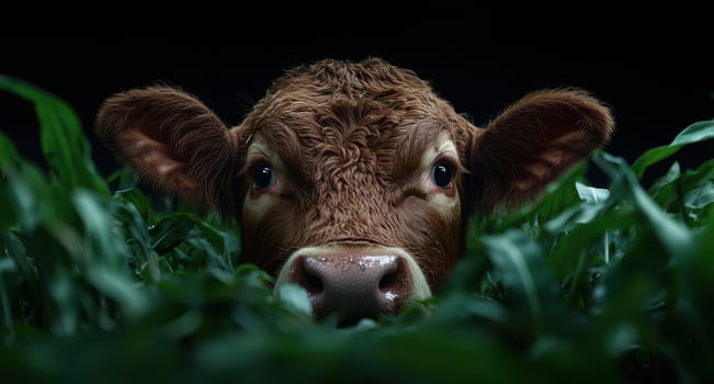 A brown cow peers out from a field of green corn stalks photo