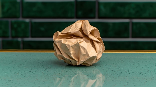 Crumpled brown paper ball on a green surface photo