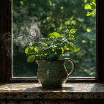 Fresh mint growing in a pitcher on a windowsill photo