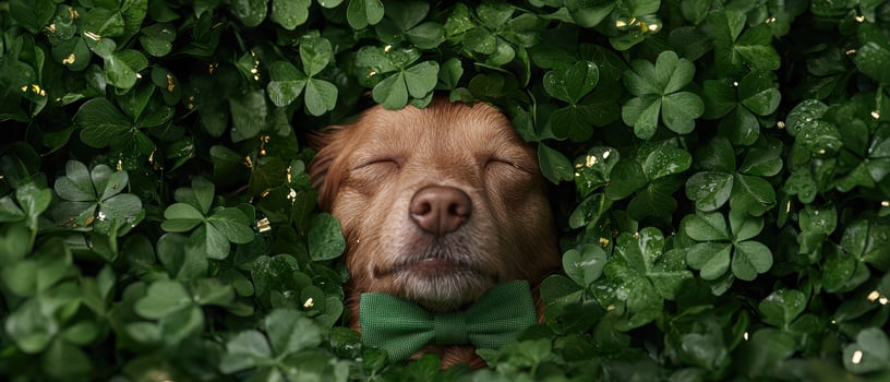 A dog wearing a bow tie rests among shamrocks photo