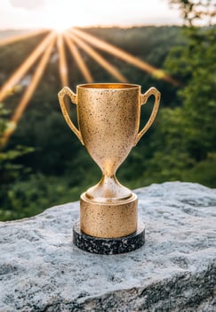 A golden trophy sits on a rock with a sunset background photo
