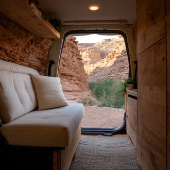 A cozy campervan interior overlooks a stunning canyon landscape photo