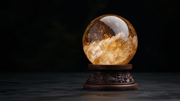 Crystal ball on a wooden stand against a dark background photo