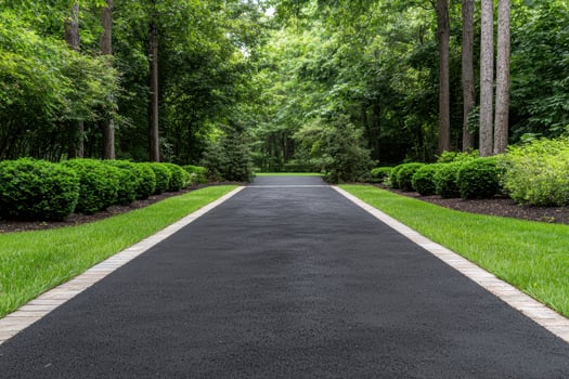 A long driveway leads through a lush green forest photo