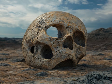 Weathered skull on a barren landscape under a cloudy sky photo