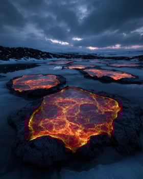 Volcanic lava flowing in a frozen landscape at dusk photo