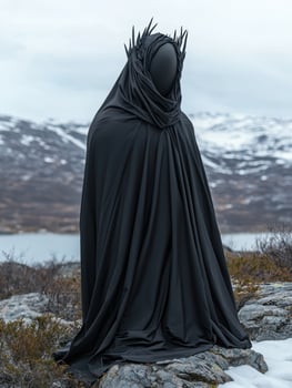 A mysterious figure in black robes stands in a desolate landscape photo