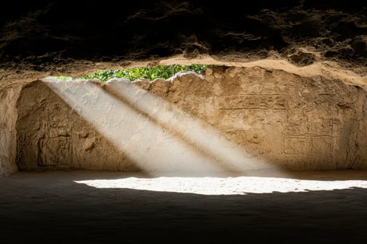 Sunlight shines into an ancient cave with carvings photo