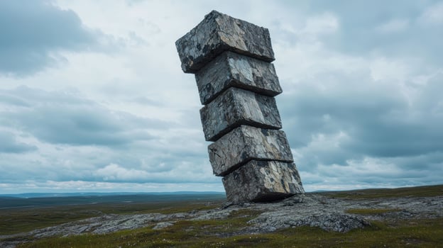 A precarious stack of stone blocks balances in a remote landscape under a cloudy sky photo