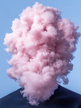 A person with a cloud of pink smoke for a head photo