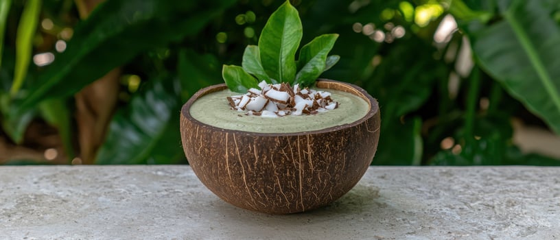 A coconut bowl filled with green smoothie, topped with coconut flakes and chocolate shavings photo