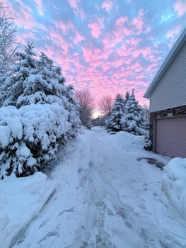 Snowy winter landscape with pink clouds at sunset photo