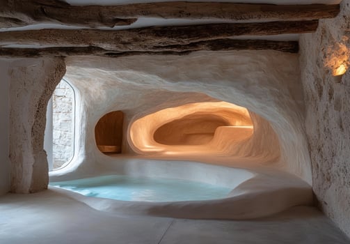 Unique cave like spa interior with pool and textured walls photo
