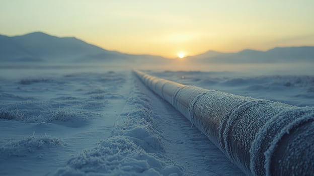 Frozen gas pipeline stretching across snowy landscape at sunrise photo