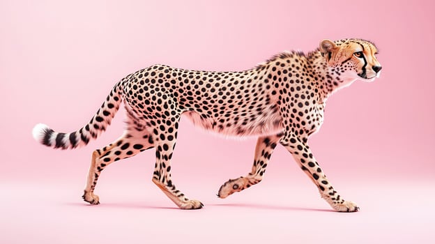 Cheetah running in profile against a pink background photo