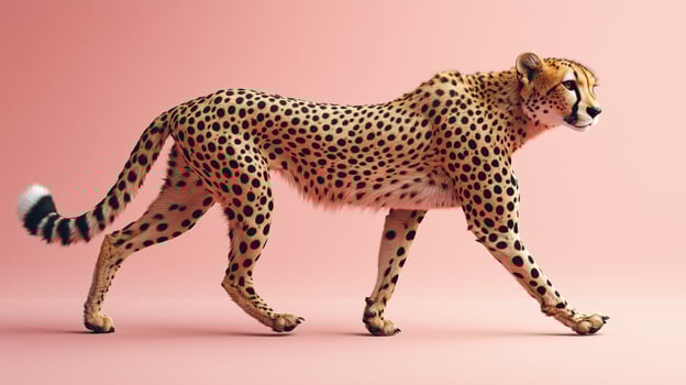 Lively cheetah walking gracefully against a pink background photo