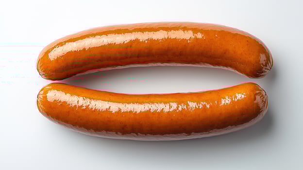 Two glossy sausages isolated on white background for food photography photo