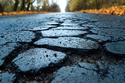 Rural Cracked Asphalt Road in Autumn - Nature Landscape Background for Designs photo