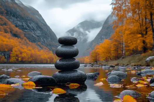 Tranquil Autumn Lake with Balancing Stones and Vibrant Foliage photo
