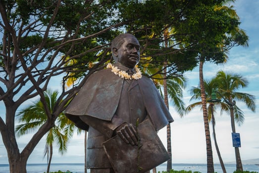 A bronze statue of a man with a traditional lei stands near palm trees, lush greenery, and a coastal view under a clear blue sky in Hawaii. photo