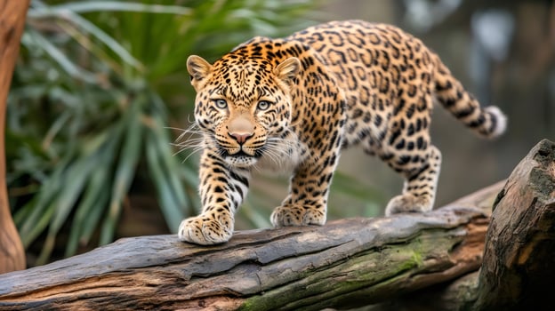 Leopard walking on a tree branch in the jungle photo
