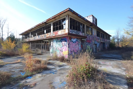 Abandoned Building Covered in Colorful Graffiti Art photo