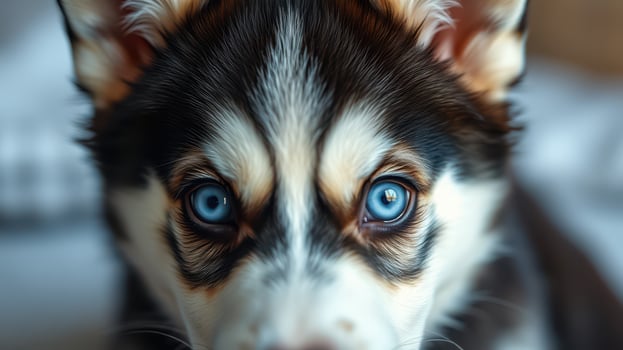 Cute husky puppy with striking blue eyes gazes directly at the camera in a cozy indoor setting photo