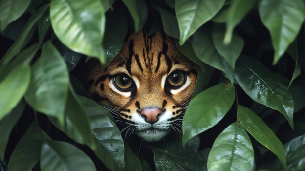Margay hiding in the Amazon rainforest looks intently through green leaves photo