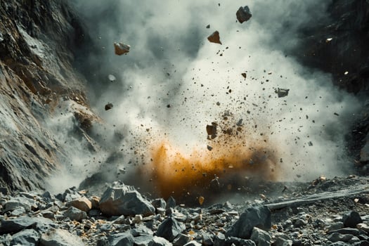 Rocks exploding in a quarry creating a cloud of dust and debris photo