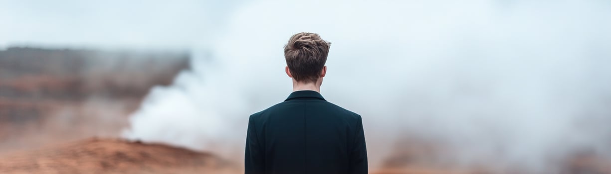 A man in a formal outfit stands alone in an empty, vast landscape. His smooth, featureless face is enveloped by swirling mist, evoking a sense of deep contemplation photo