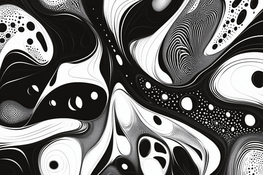 Intricate black and white abstract design featuring swirling patterns and dynamic shapes photo