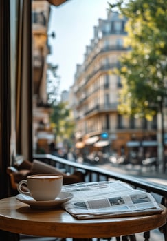 Enjoying morning coffee while reading the newspaper at a cozy cafe in an urban setting photo