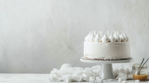 Delicious white cake topped with fluffy meringue on a simple stand in a bright setting photo